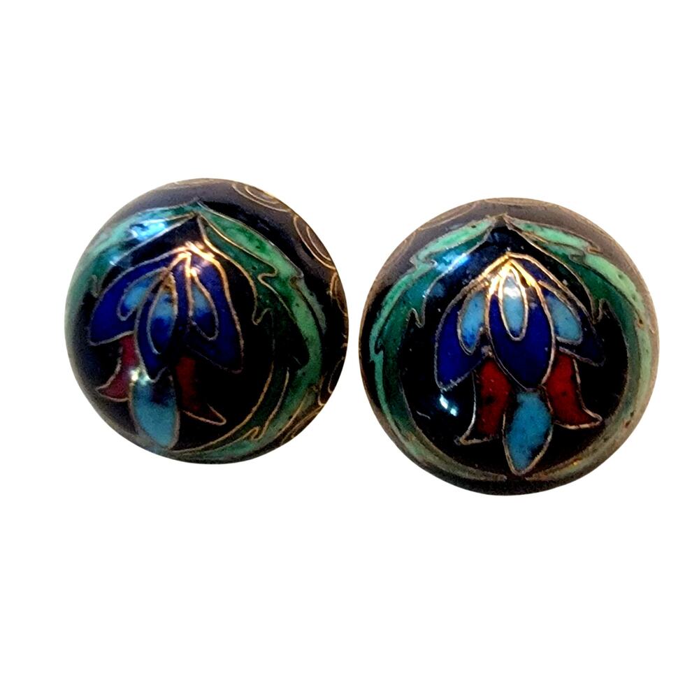 Vintage Pat 2733491 Blue Cloisonne Flower Gold Tone Clip Round Earrings